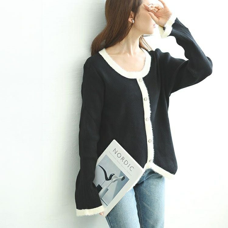 大きいサイズ レディース パールボタンバイカラーニットプルオーバー　goldy-1598