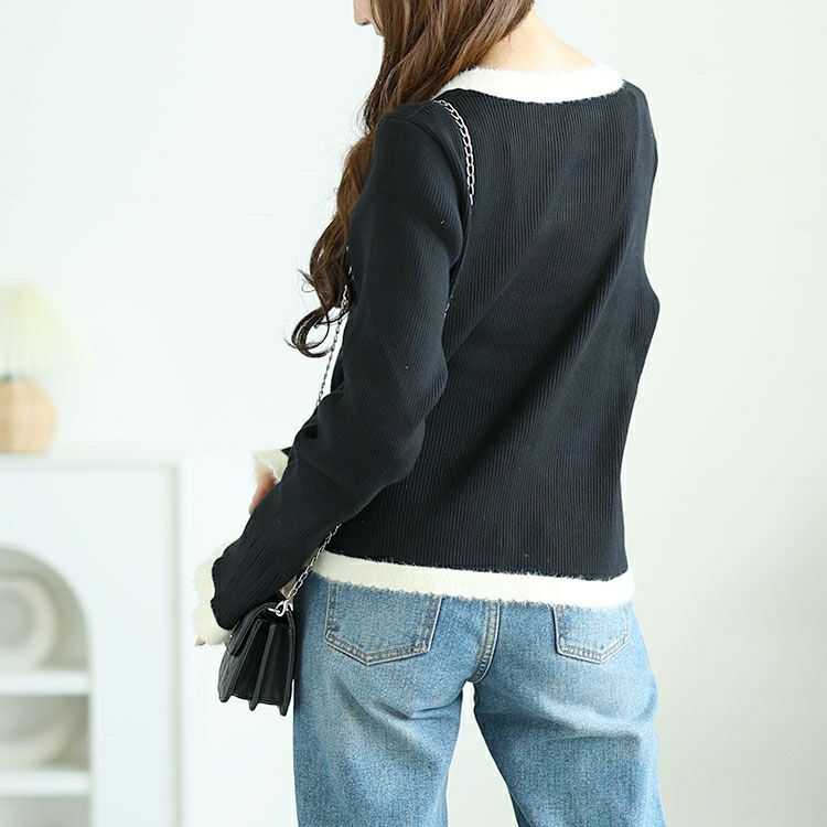 大きいサイズ レディース パールボタンバイカラーニットプルオーバー　goldy-1598