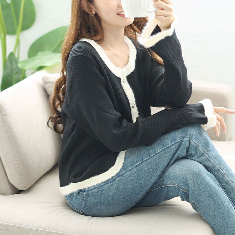 大きいサイズ レディース パールボタンバイカラーニットプルオーバー　goldy-1598