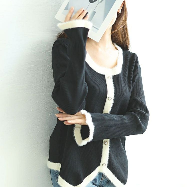 大きいサイズ レディース パールボタンバイカラーニットプルオーバー　goldy-1598