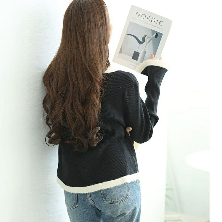 大きいサイズ レディース パールボタンバイカラーニットプルオーバー　goldy-1598