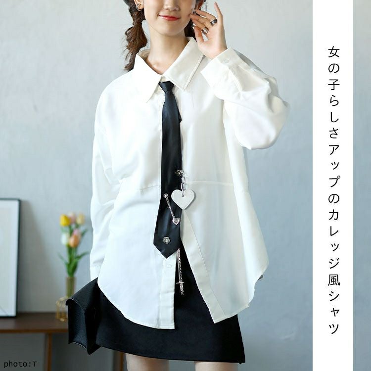 大きいサイズ レディース カレッジネクタイ付きロングシャツ　goldy-1592