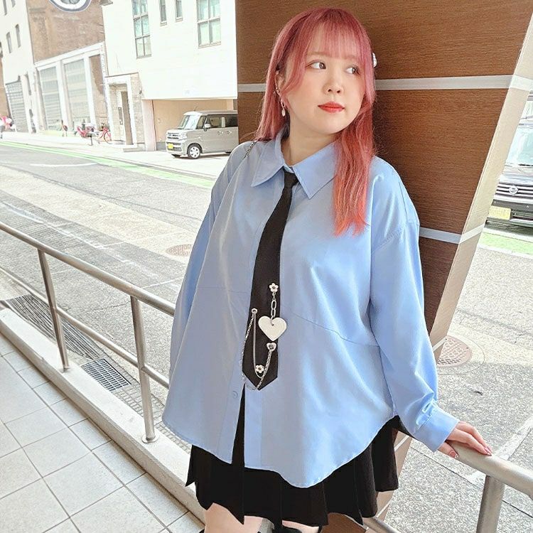 大きいサイズ レディース カレッジネクタイ付きロングシャツ　goldy-1592