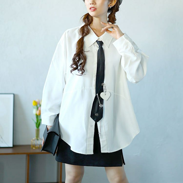 大きいサイズ レディース カレッジネクタイ付きロングシャツ　goldy-1592