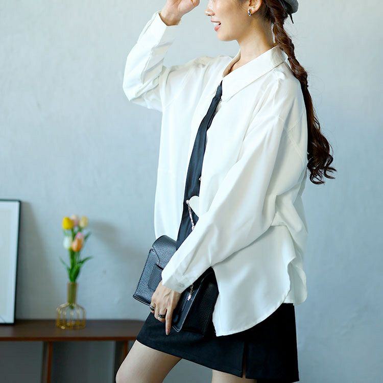 大きいサイズ レディース カレッジネクタイ付きロングシャツ　goldy-1592