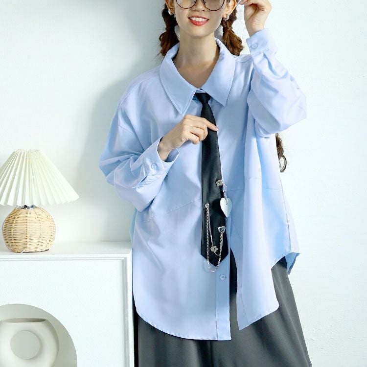 大きいサイズ レディース カレッジネクタイ付きロングシャツ　goldy-1592