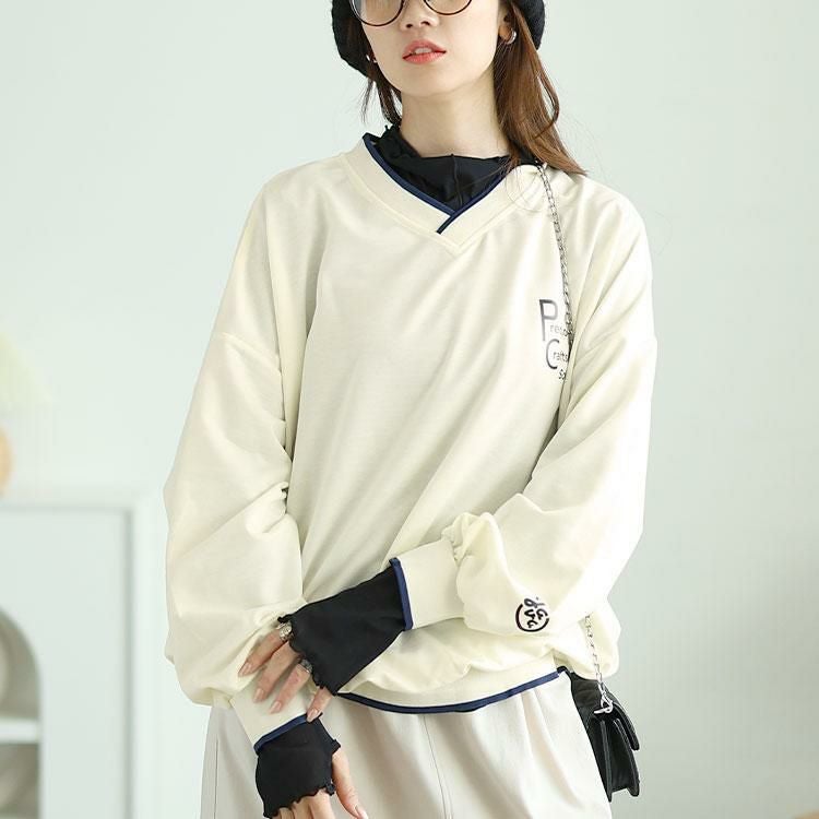 大きいサイズ レディース Vネックロゴプリントスウェット　goldy-1597 【メール便可】 ベージュ