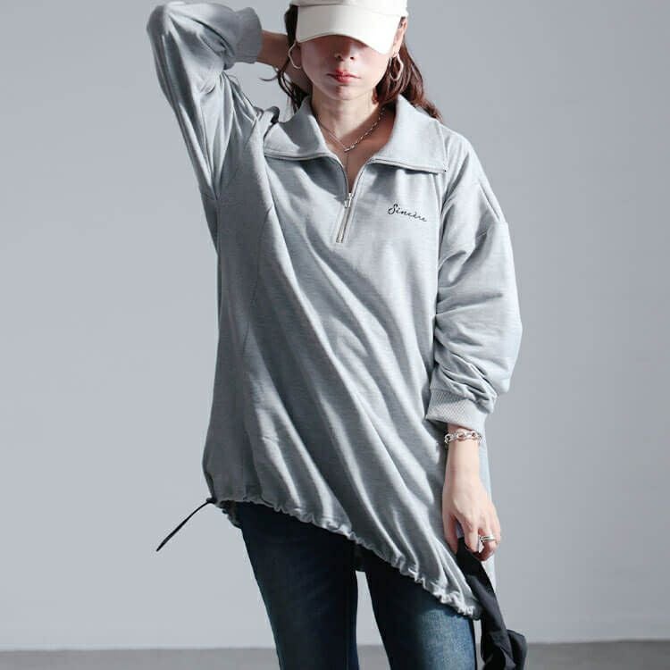 大きいサイズ レディース リブ切り替えハーフジッププルオーバー　bai-0161