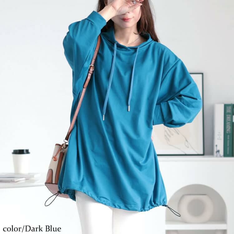 大きいサイズ レディース 裾ドロストフェイクフードプルオーバー　bai-0160 ダークブルー