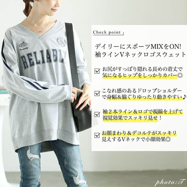 大きいサイズ レディース 袖ラインVネックロゴスウェット　bai-0159