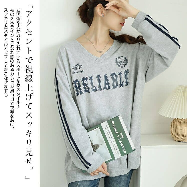 大きいサイズ レディース 袖ラインVネックロゴスウェット　bai-0159