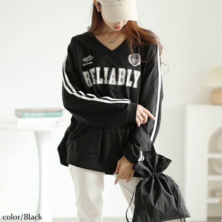 大きいサイズ レディース 袖ラインVネックロゴスウェット　bai-0159