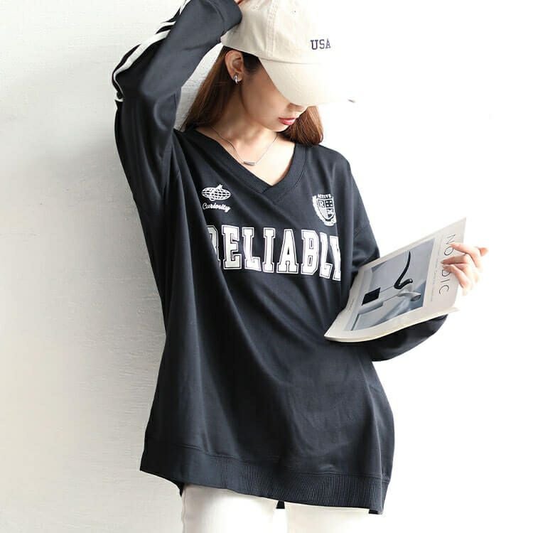 大きいサイズ レディース 袖ラインVネックロゴスウェット　bai-0159