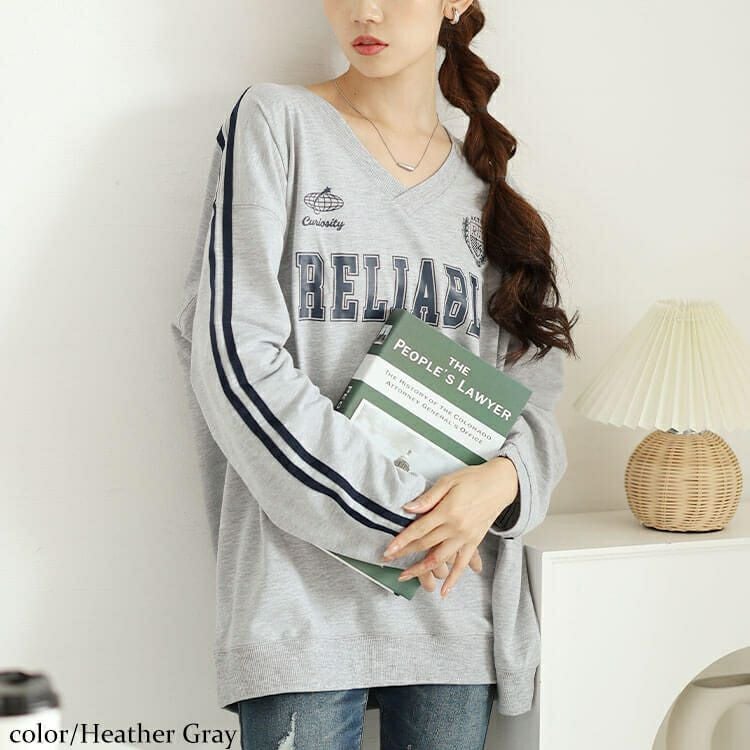 大きいサイズ レディース 袖ラインVネックロゴスウェット　bai-0159