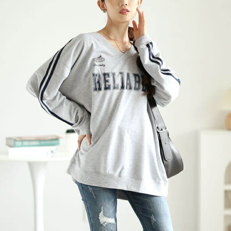 大きいサイズ レディース 袖ラインVネックロゴスウェット　bai-0159