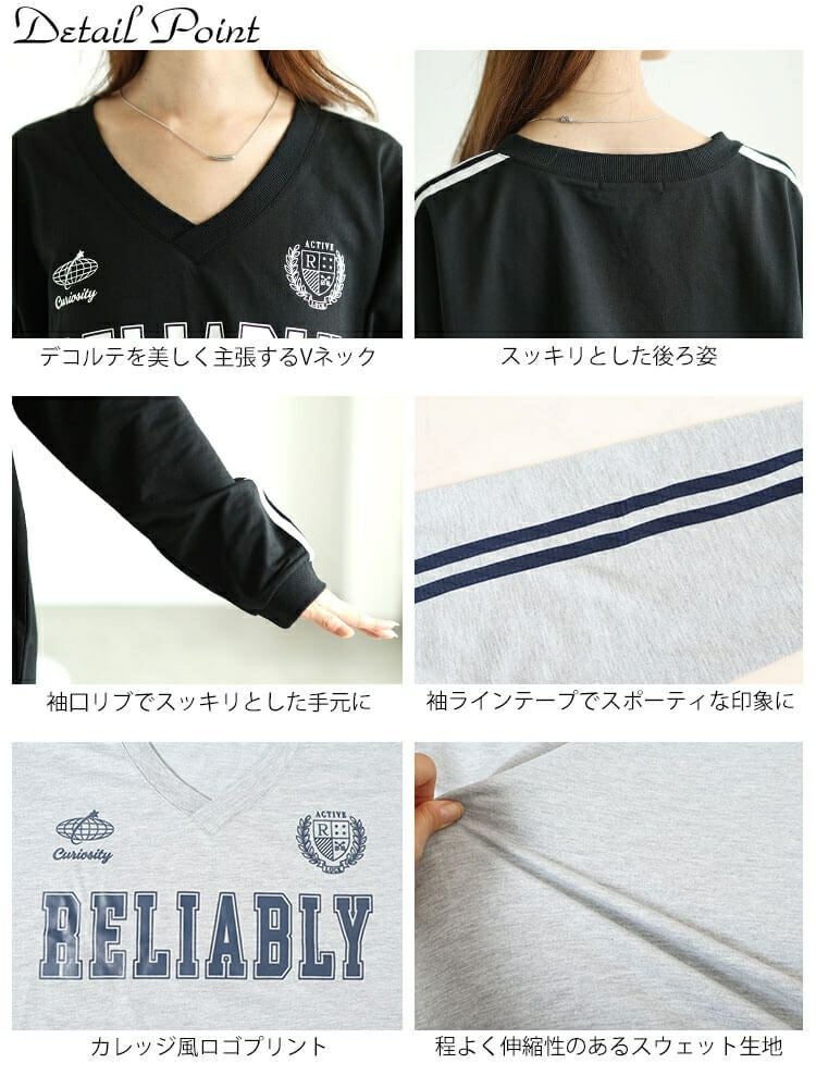 大きいサイズ レディース 袖ラインVネックロゴスウェット　bai-0159