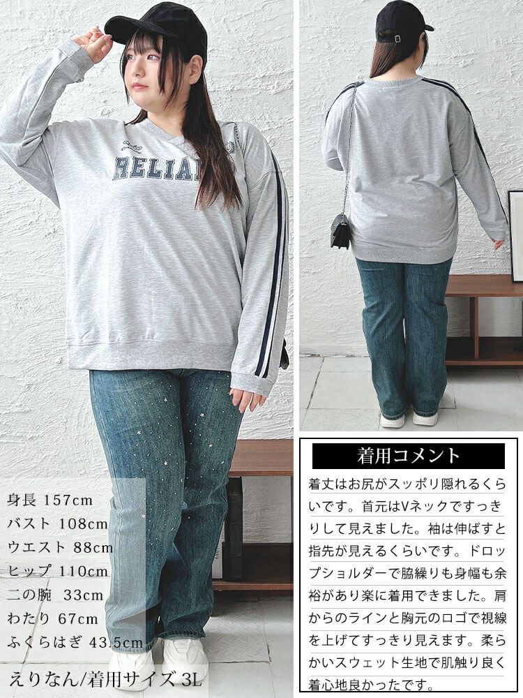大きいサイズ レディース 袖ラインVネックロゴスウェット　bai-0159