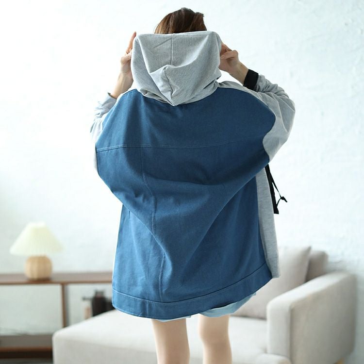 大きいサイズ レディース デニム切り替えフーディー　bai-0158