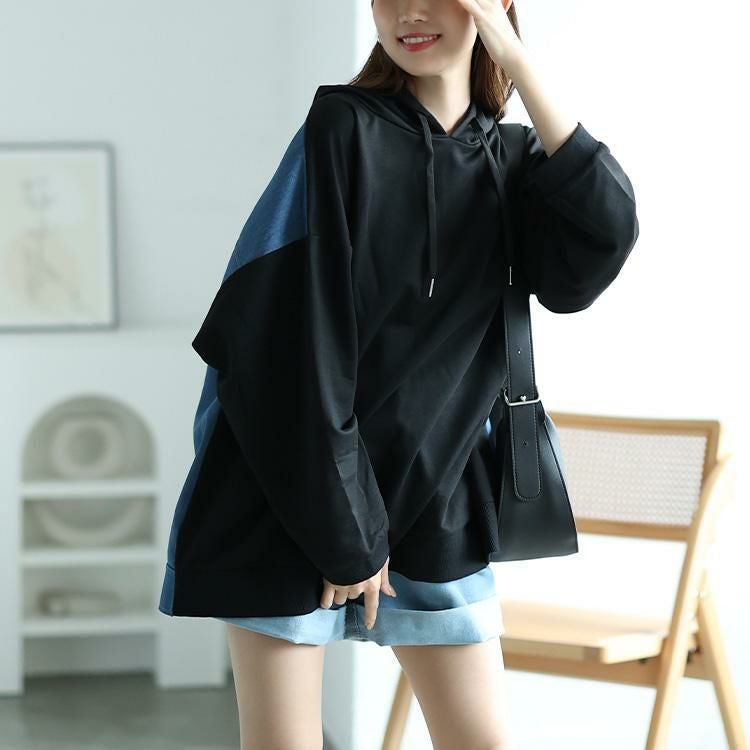 大きいサイズ レディース デニム切り替えフーディー　bai-0158 ブラック