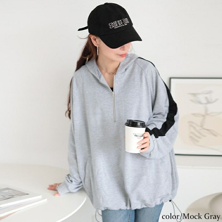 大きいサイズ レディース 袖ラインハーフジップパーカー　bai-0157