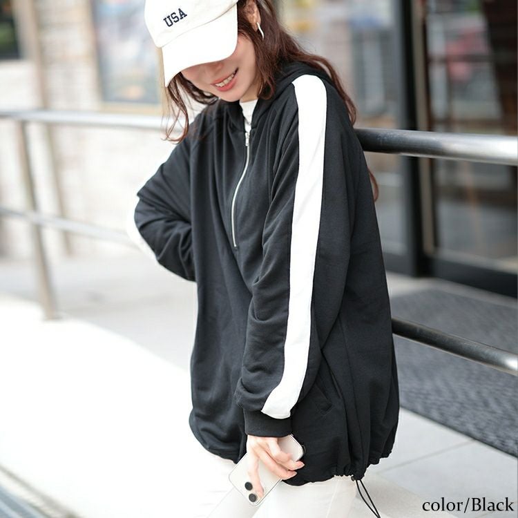 大きいサイズ レディース 袖ラインハーフジップパーカー　bai-0157