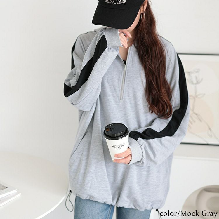 大きいサイズ レディース 袖ラインハーフジップパーカー　bai-0157