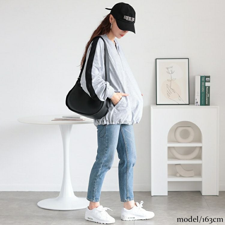 大きいサイズ レディース 袖ラインハーフジップパーカー　bai-0157