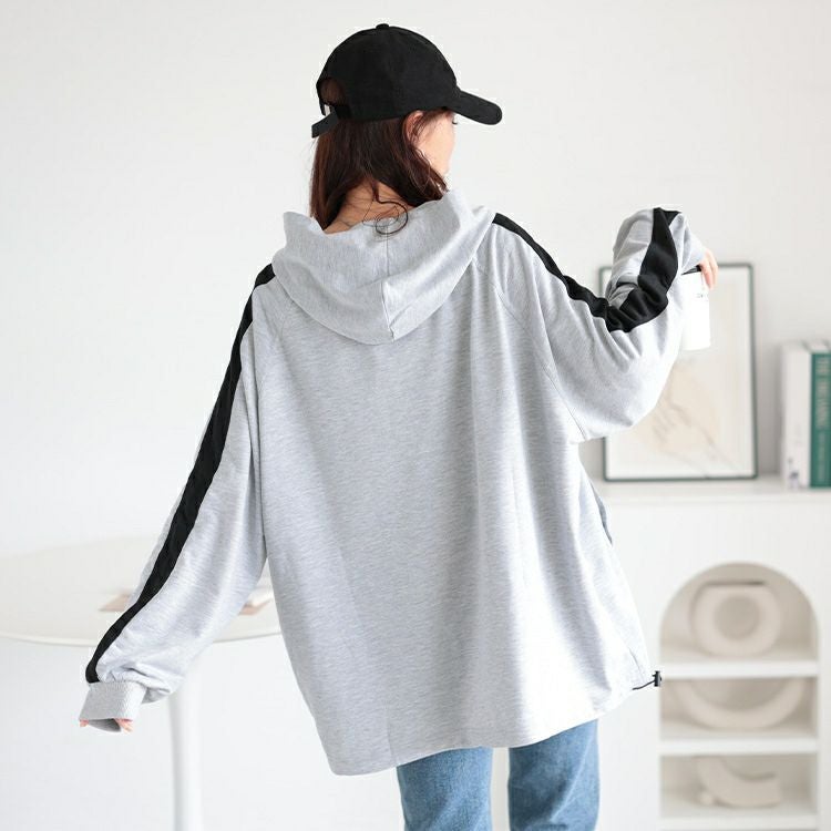 大きいサイズ レディース 袖ラインハーフジップパーカー　bai-0157