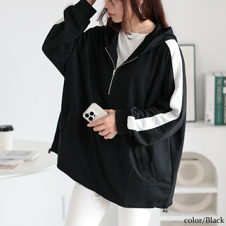 大きいサイズ レディース 袖ラインハーフジップパーカー　bai-0157