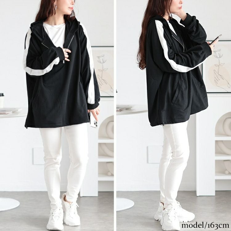 大きいサイズ レディース 袖ラインハーフジップパーカー　bai-0157