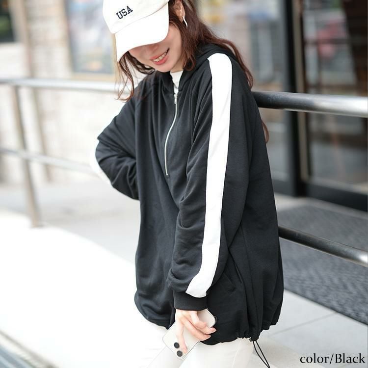 大きいサイズ レディース 袖ラインハーフジップパーカー　bai-0157 ブラック