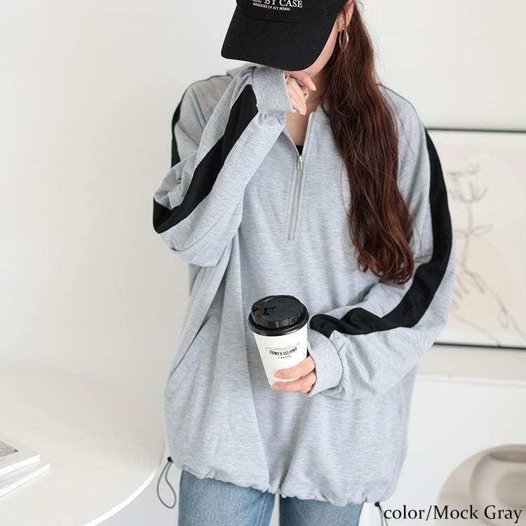 大きいサイズ レディース 袖ラインハーフジップパーカー　bai-0157 杢グレー