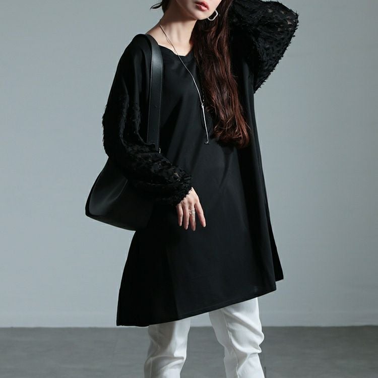 大きいサイズ レディース シアーフェザー袖切り替えチュニック　bai-0156