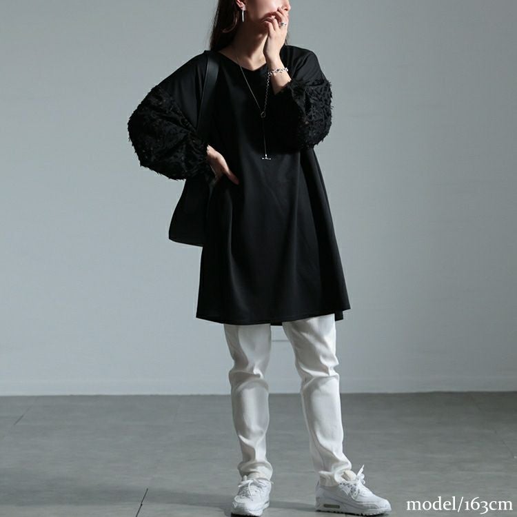 大きいサイズ レディース シアーフェザー袖切り替えチュニック　bai-0156