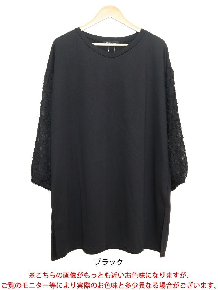 大きいサイズ レディース シアーフェザー袖切り替えチュニック　bai-0156
