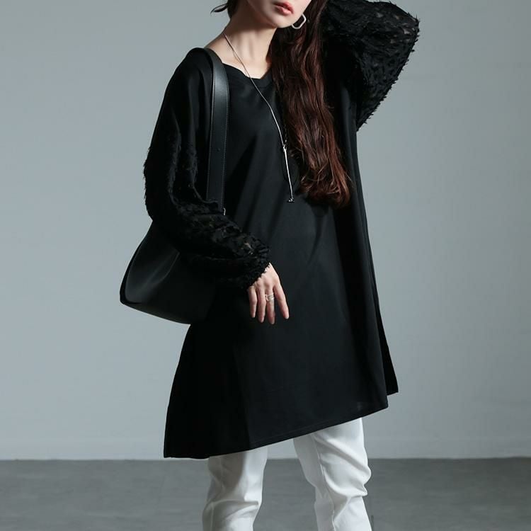 大きいサイズ レディース シアーフェザー袖切り替えチュニック　bai-0156 ブラック