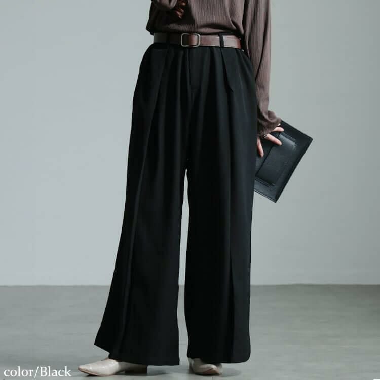 大きいサイズ レディース フロントタックワイドパンツ　sw-0661 ブラック