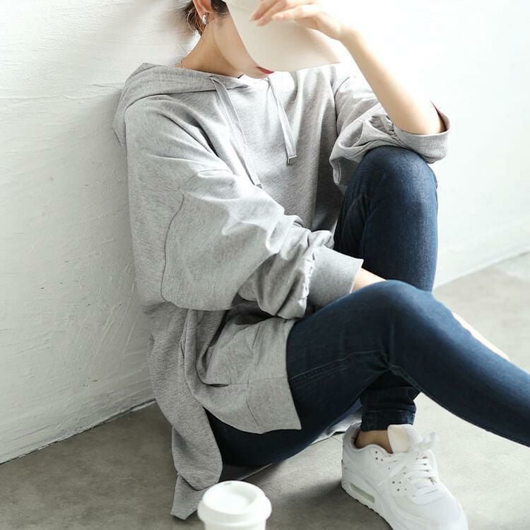 大きいサイズ レディース スリット入りスウェットフーディー　wk-0495 杢グレー