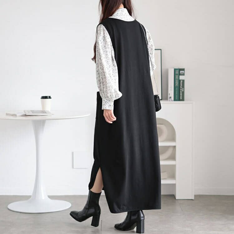 大きいサイズ レディース Vネックコットンスウェットロングベスト　wk-0487