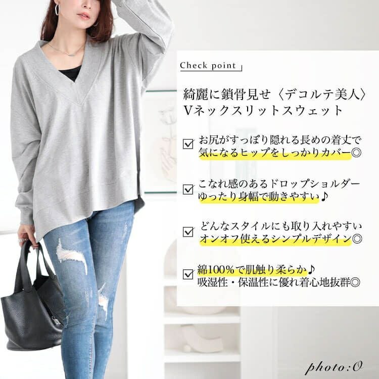 大きいサイズ レディース Vネックサイドスリットコットンスウェット　wk-0486