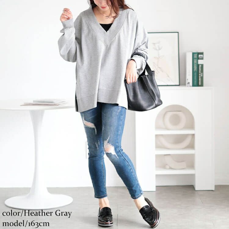 大きいサイズ レディース Vネックサイドスリットコットンスウェット　wk-0486