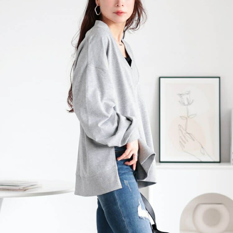 大きいサイズ レディース Vネックサイドスリットコットンスウェット　wk-0486