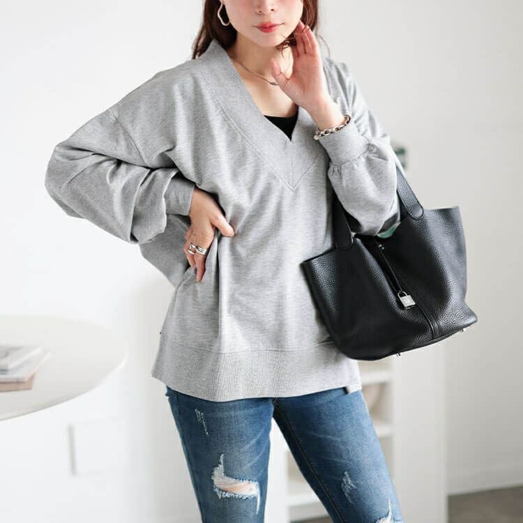 大きいサイズ レディース Vネックサイドスリットコットンスウェット　wk-0486