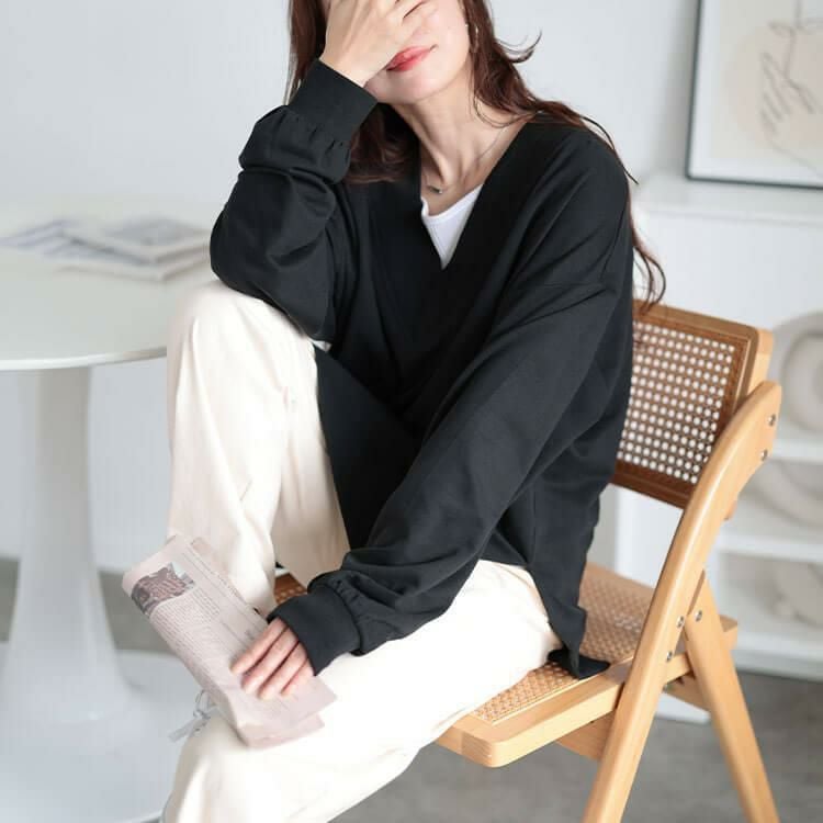 大きいサイズ レディース Vネックサイドスリットコットンスウェット　wk-0486 ブラック