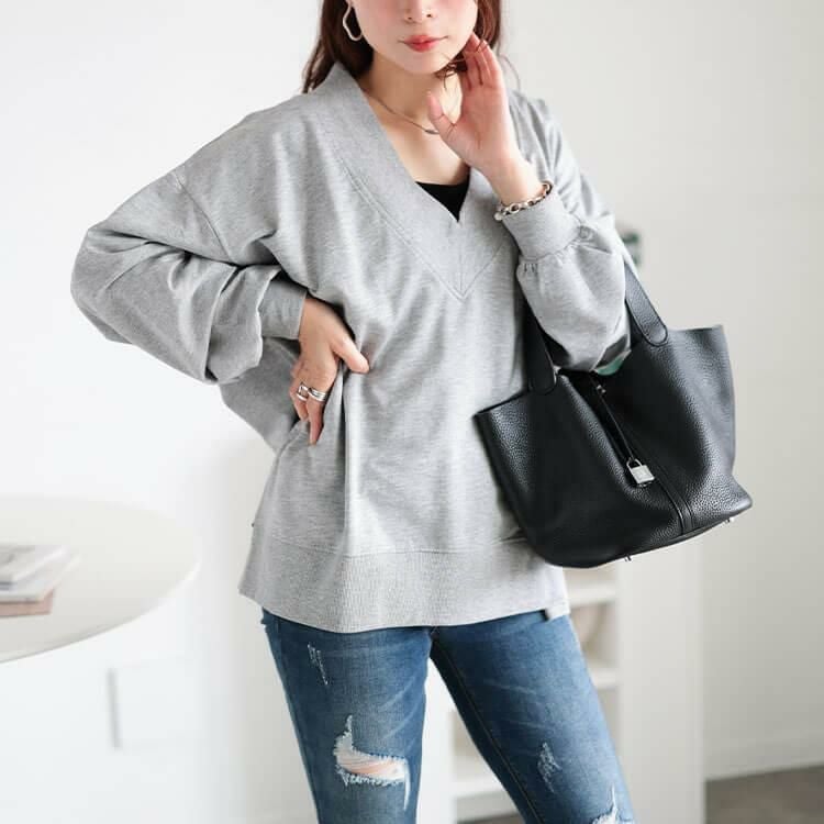 大きいサイズ レディース Vネックサイドスリットコットンスウェット　wk-0486 杢グレー