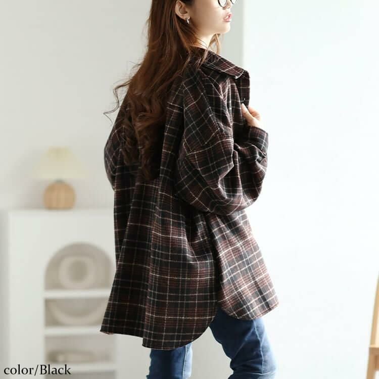 大きいサイズ レディース チェック柄ネルシャツ　fem-529 ブラック