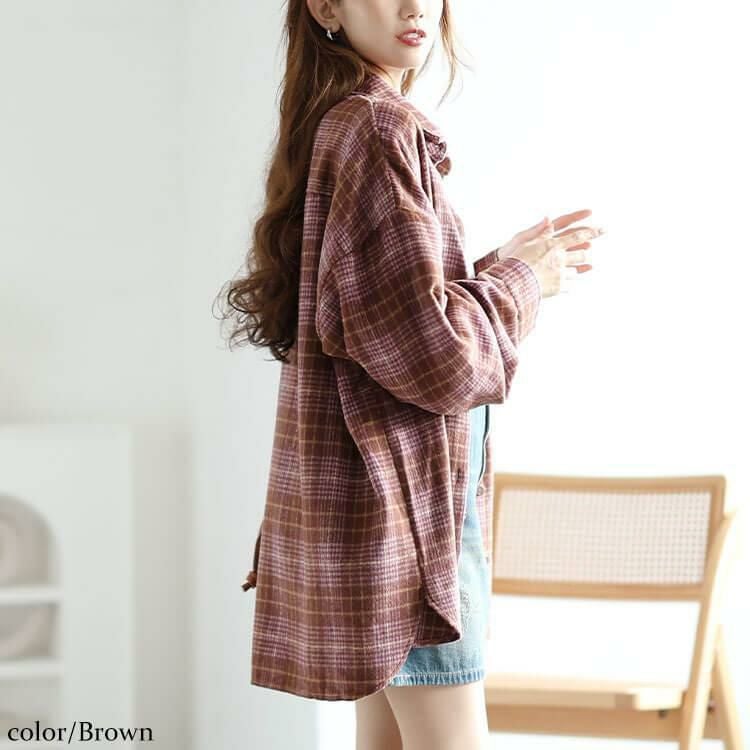大きいサイズ レディース チェック柄ネルシャツ　fem-529 ブラウン