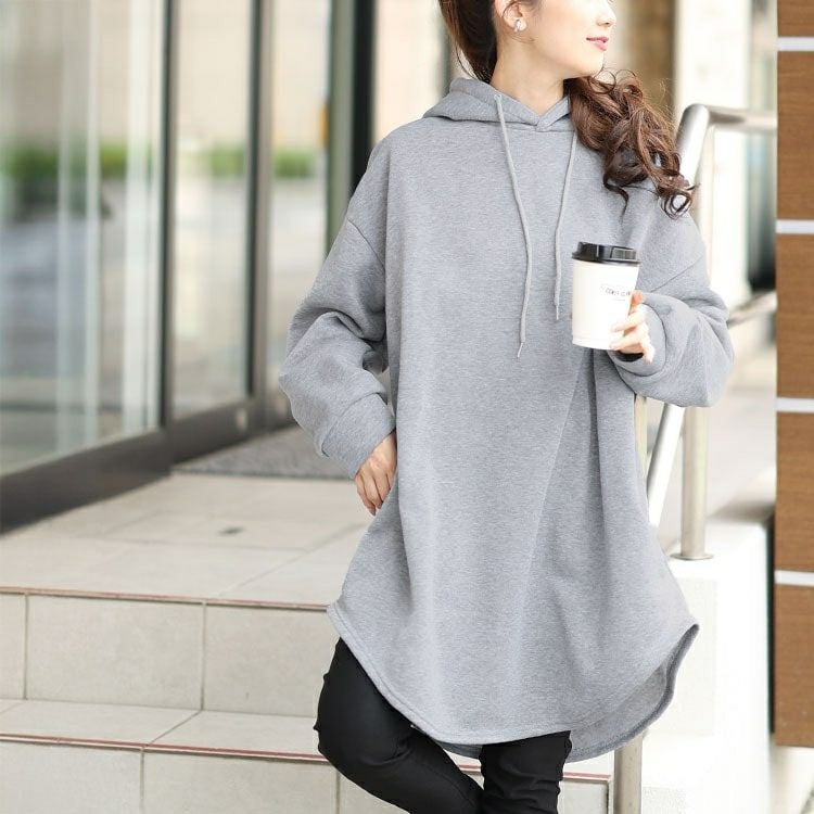 大きいサイズ レディース 裏起毛ラウンドヘムチュニックパーカー　goldy-1602