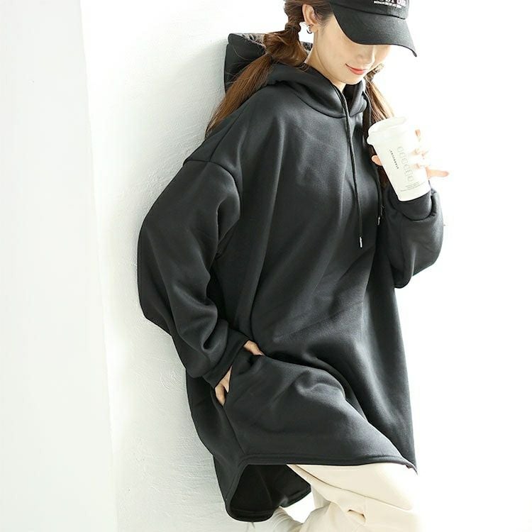 大きいサイズ レディース 裏起毛ラウンドヘムチュニックパーカー　goldy-1602