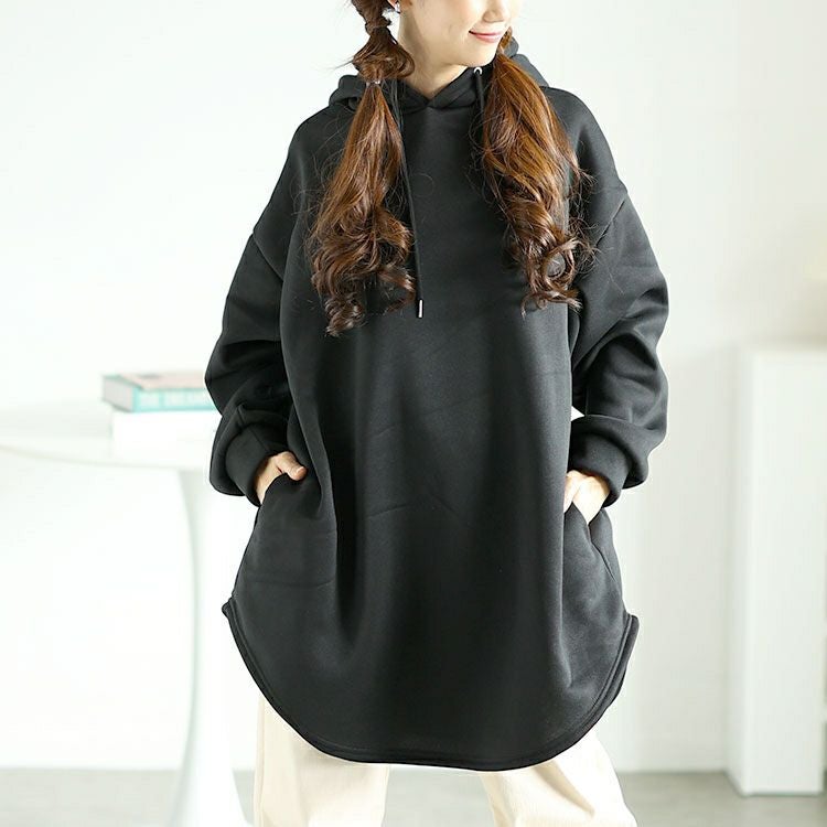 大きいサイズ レディース 裏起毛ラウンドヘムチュニックパーカー　goldy-1602